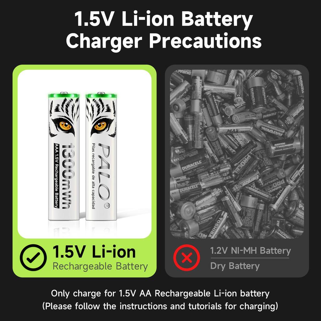 PALO 1.5V AAA 1300mWh Rechargeable Battery Lithium Aaa Batteries for Mouse Toy Remote Control Microphone +TYPE-C Fast Charger