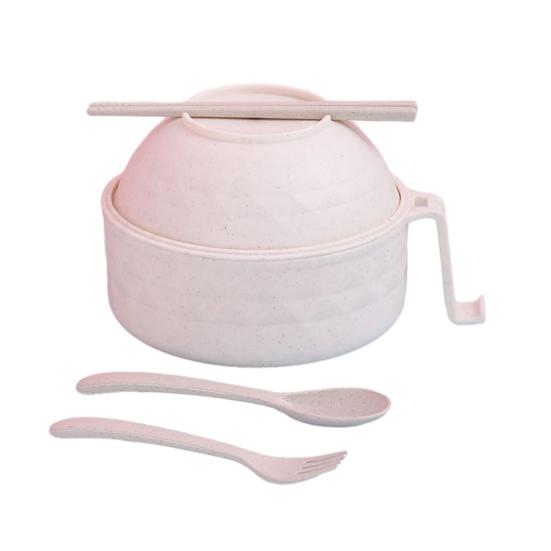 Миска для лапши с крышкой и ручками Двухслойная изоляция Микроволновая миска для рамена Набор с палочками для еды ложкой вилкой Портативный ланч-бокс для офиса путешествий бежевый