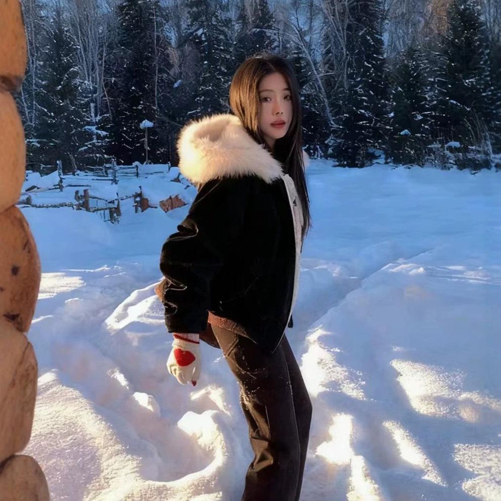 Autumn and winter warm thickened PU leather big fur collar seat mountain carving hooded cotton clothes men and women Guochao loose couple short jacket