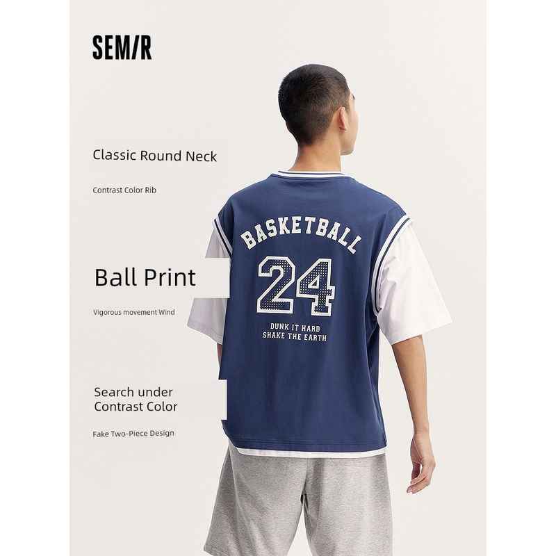 

Мужская футболка с коротким рукавом Senma, модный топ «два в одном», лето, оверсайз, спортивная майка для тренировок, трендовый принт, цветовой контраст Blue and white tone 00381 165/84A/S