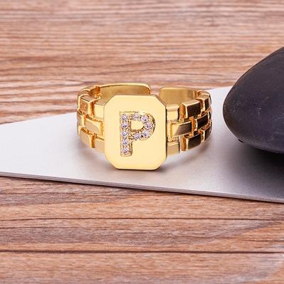 New Arrival Fashion Gold Color Initial Ring Open Design Adjustable Hot Sale Watchband Chain A-Z Letters Zircon Rings For Women