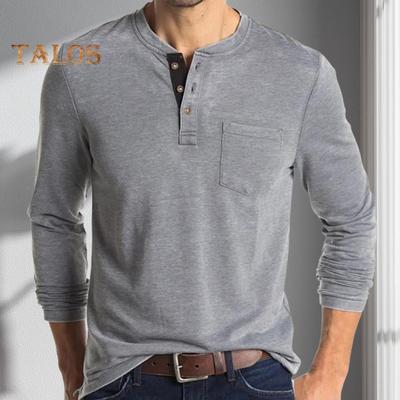 Men Spring Top with Chest Pocket Buttoned O Neck Slim Fit Long Sleeve Bottoming Clothes Solid Color Stretchy Pullover T-shirt