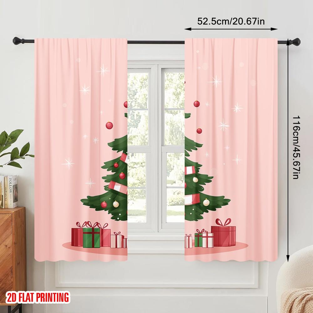 2pcs,2D plane printing Curtain Popular Christmas Tree Gifts_c Durable 100% Polyester Fabric (without rod) Decorations Outdoor