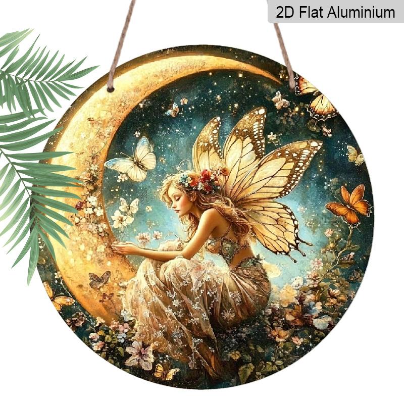 

2D Flat, 1pc Enchanted Fairy on Crescent Moon Aluminum Wall Art - Whimsical Butterfly amp; Floral Design, HD Printed Round Metal Sign for Home Decor 7.87×7.87inch