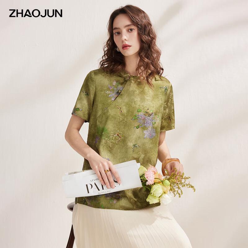 Zhao Jun 2026 Women s Chinese Style Floral Silk Blend Short Sleeve Top L