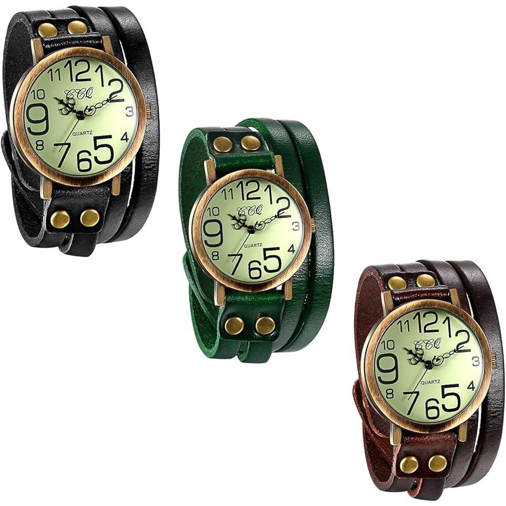 JewelryWe antique multi-wrap leather band watch analog display quartz for men, women, kids - three colors set