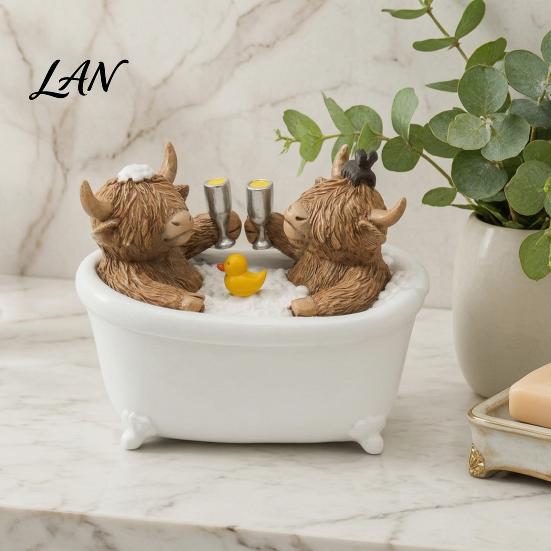 Rustic Bathroom Countertop Accessory Highland Cow Figurine, Cows Toasting In Bathtub Resin Statue, Farmhouse Accessories Cute Farm Animal Tabletop