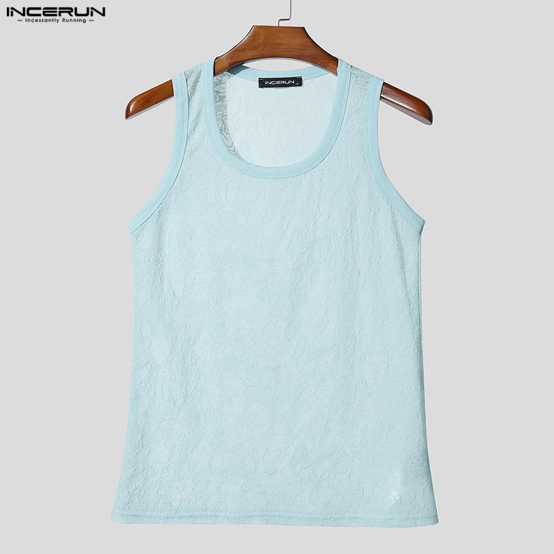INCERUN Summer Men Sleeveless Lace Mesh Sheer Casual Fitted Tank Tops Vest