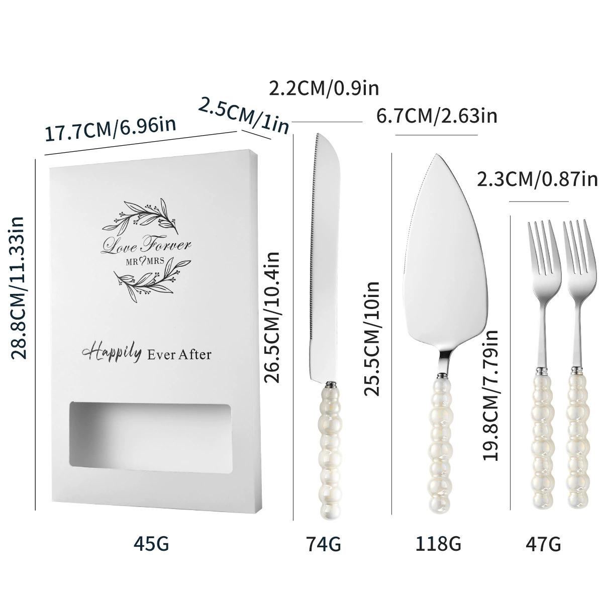 

4 шт. Элегантный набор свадебного ножа и лопатки для торта с керамическими ручками под жемчуг - Нержавеющая сталь, Идеально подходит для тортов, пирогов и особых случаев серебряный