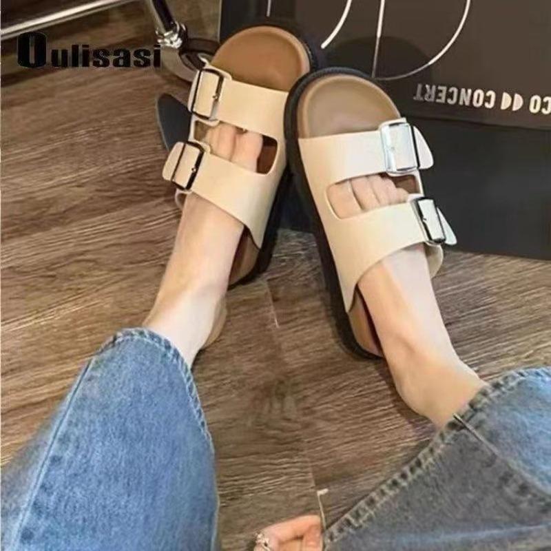 Summer new flat bottom one word with square buckle thick bottom beach wear cool slippers women