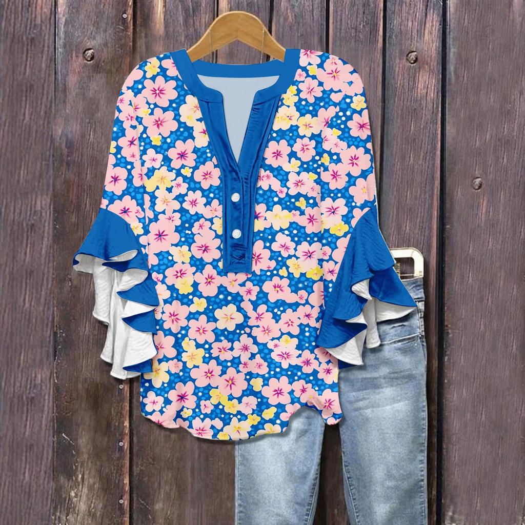 Women's Summer Tops V Neck Three-quarter Sleeves Floral Print Flowing Ruffle Sleeves Half-button Shirt