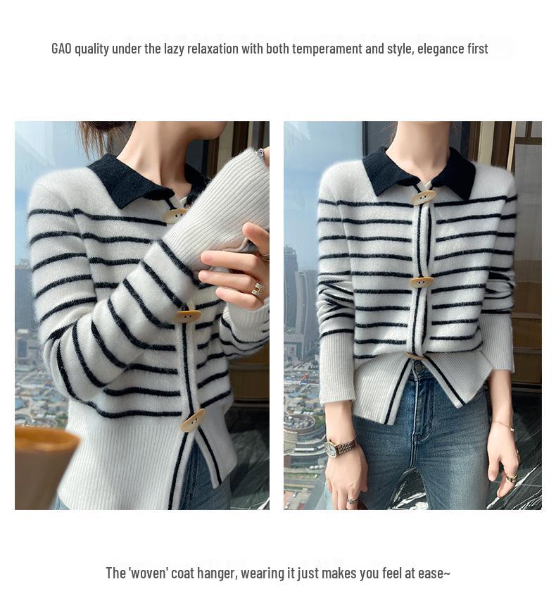 Women's Striped Cashmere Knit Cardigan with Polo Collar - Long Sleeve, Loose Fit, Warm Sweater Coat