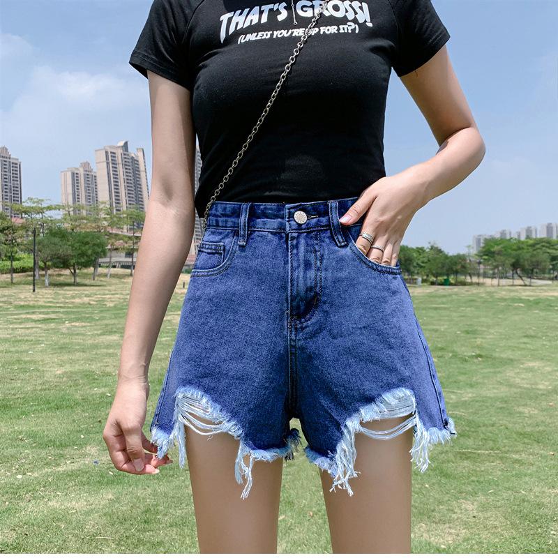 Classic and Minimalist Fashion Versatile Black Broken Holes Women's Summer High-waisted Outside Wear Thin A-line Wide-legged Ragged Denim Shorts