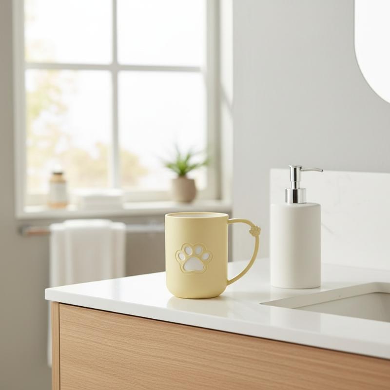 Cute Cartoon Cat Paw Couples Plastic Mouthwash Toothbrush Cup With Handle