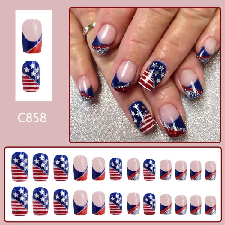 Independence Day French Tip Press on Nail Short Square Fake Nail Glues on Nail Artificial False Nail for Nail Decors