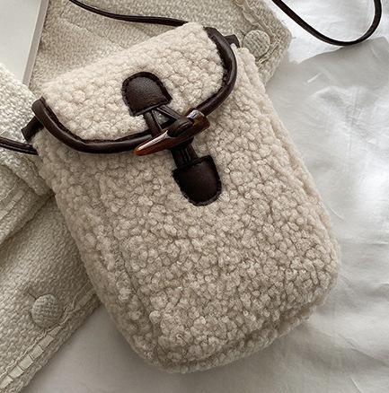Winter Women Faux Lambswool Phone Bag Cute Square Plush Crossbody Purse Portable Wallet Handbag 16.5x19.5x5.5cm