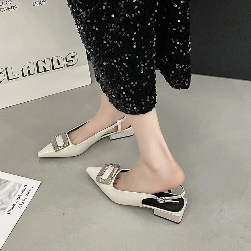 Lacquer Leather 3cm Heel Height Korean Version Sandals for Women 2024 Summer New Shallow Mouth Pointed Back Empty Sandals