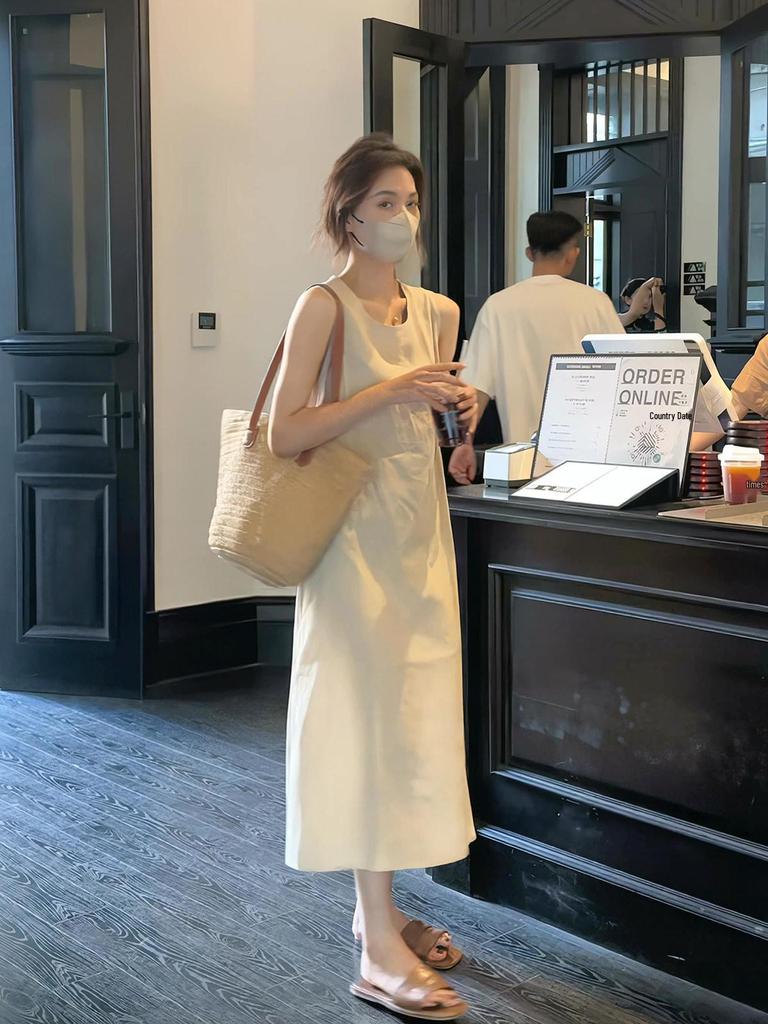 Korea Dongdaemun 2025 Sommer Ärmelloses Lockeres Midi-Kleid für Damen
