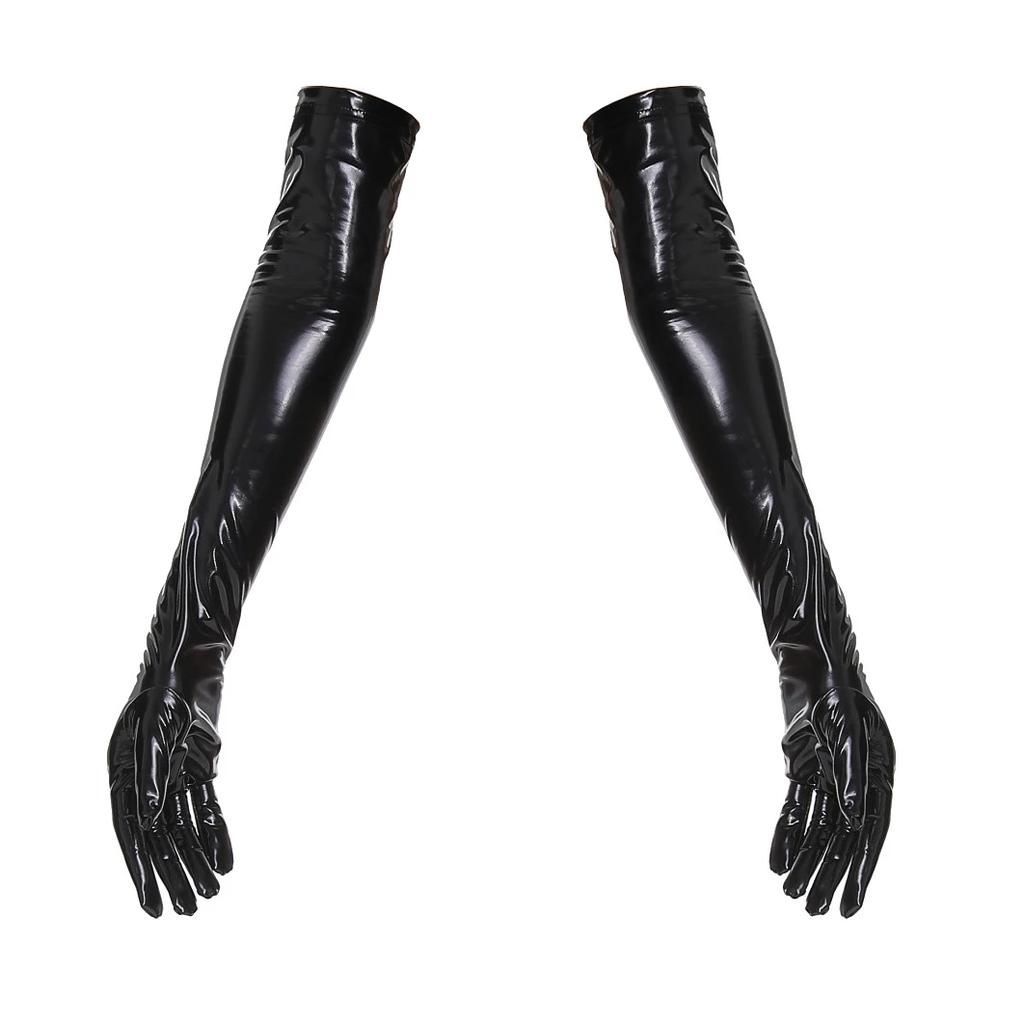 New Women Shiny Faux Leather Unisex Black Long Gloves Men Latex Fetish Patent Leather Full Fingers Elbow Glove Cosplay Accessory