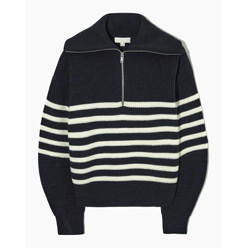 Damen Rollkragen Locker Revers Gestreifte Strickware Damen Pullover Halber Reißverschluss Lässig Mode Damen Pullover