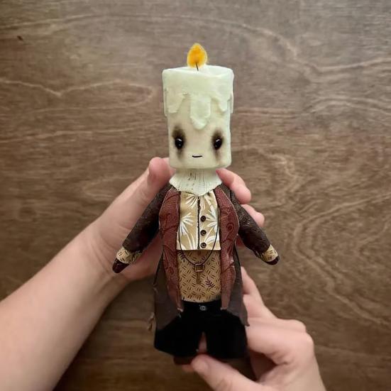 Spooky Candle Head Doll with Vintage Clothing LED Flickering Flame Unique Collectible Art Doll Gothic Halloween Decor Gift