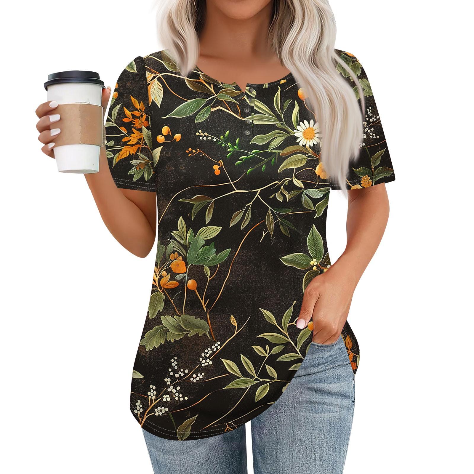 

Женский модный повседневный короткий рукав пуловер с цветочным принтом и круглым вырезом на пуговицах L армия зеленый