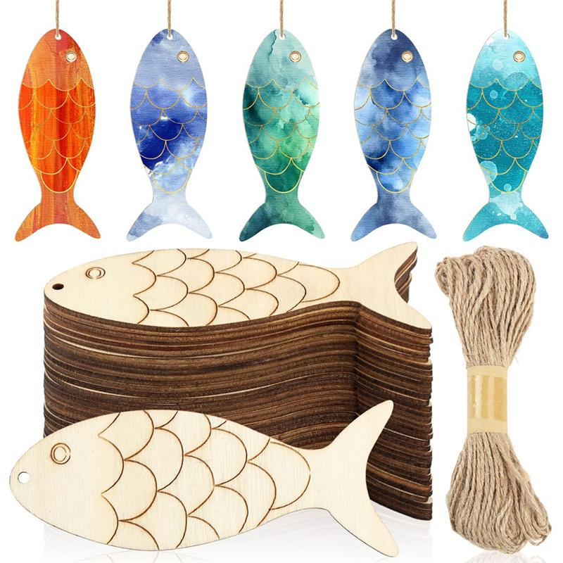 

A25F-Blank Wooden Cutouts With Holes 72 Pcs Unfinished Wood Cutouts For DIY Crafts Party Decoration With Twine For Hanging