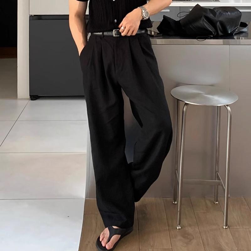 Men s Dark Brown Linen Blend High Waist Wide Leg Trousers M чёрный