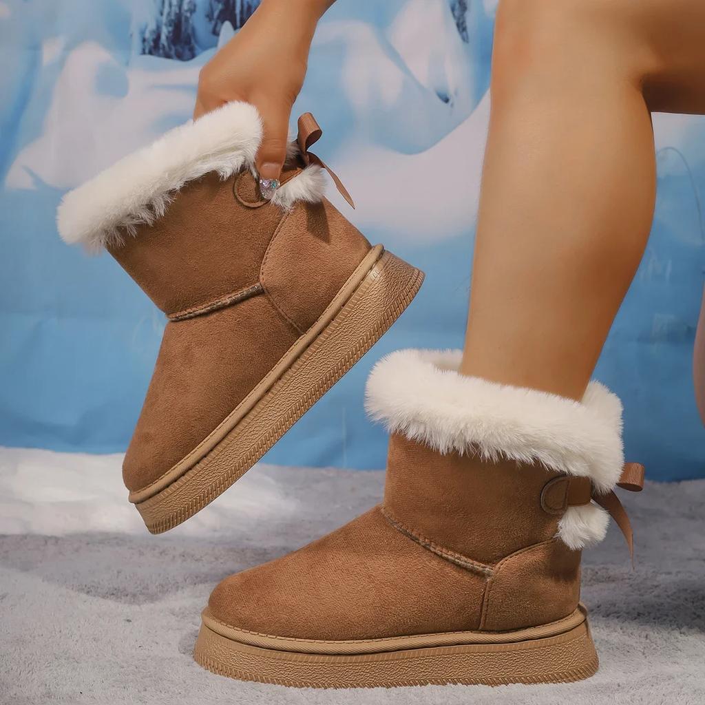 Thick Soled Snow Boots for Women, 2025 New Winter with Plush Insulation, Butterfly Knot Casual Oversized Cotton Shoes for Women