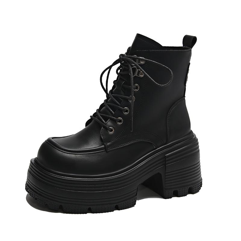 Fashion 2025 New 9cm Black Platform Women Motorcycle Ankle Boots Fashion Lace Up Shoes Autumn Winter Thick Heel Women's Short Booties