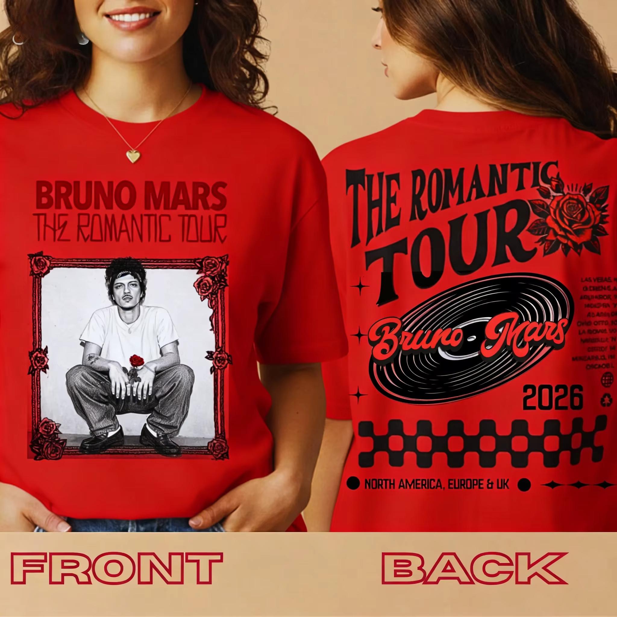 

2026 Bruno Mars Romantic Tour T-Shirt Tour Date Back Side Double-sided Cotton T-shirt Comfortable, Breathable, High-Quality Ins 4XL