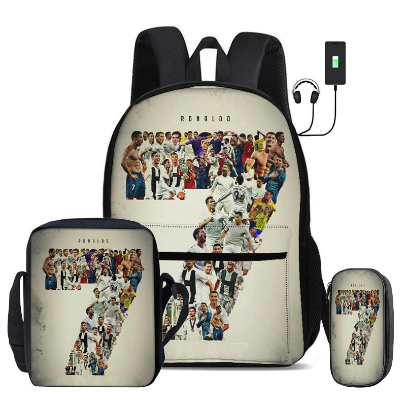 Ronaldo 3 Pcs Set School Bags Backpack with USB Interface CR Football Star Shoulder Bag Football Sports Pencil Bag Kids Rucksack