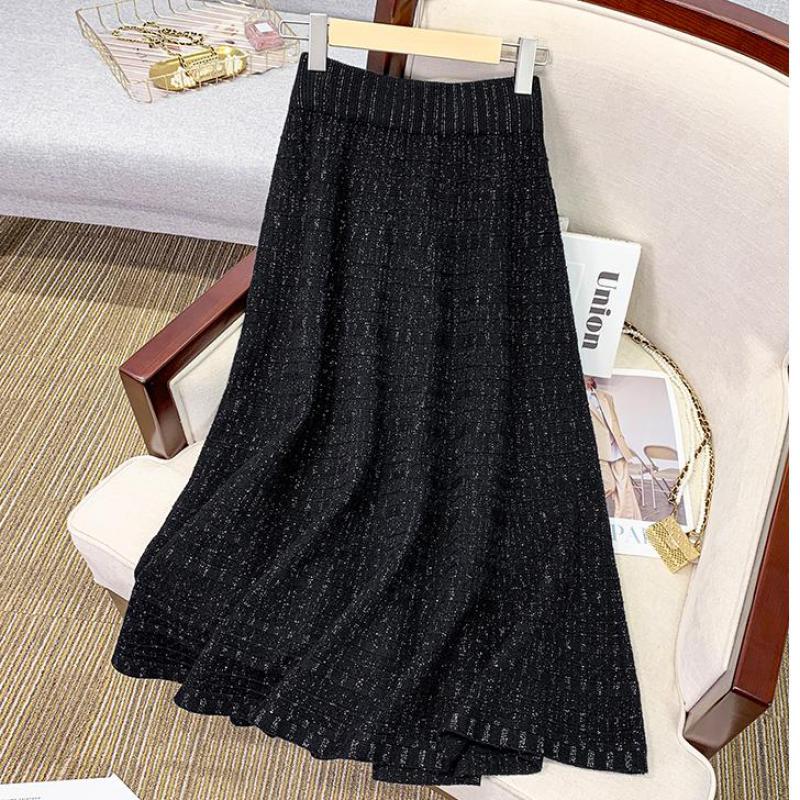 Autumn High Waist Big Swing Knitted Wool Skirts For Women Plaid Office Lady Skirt