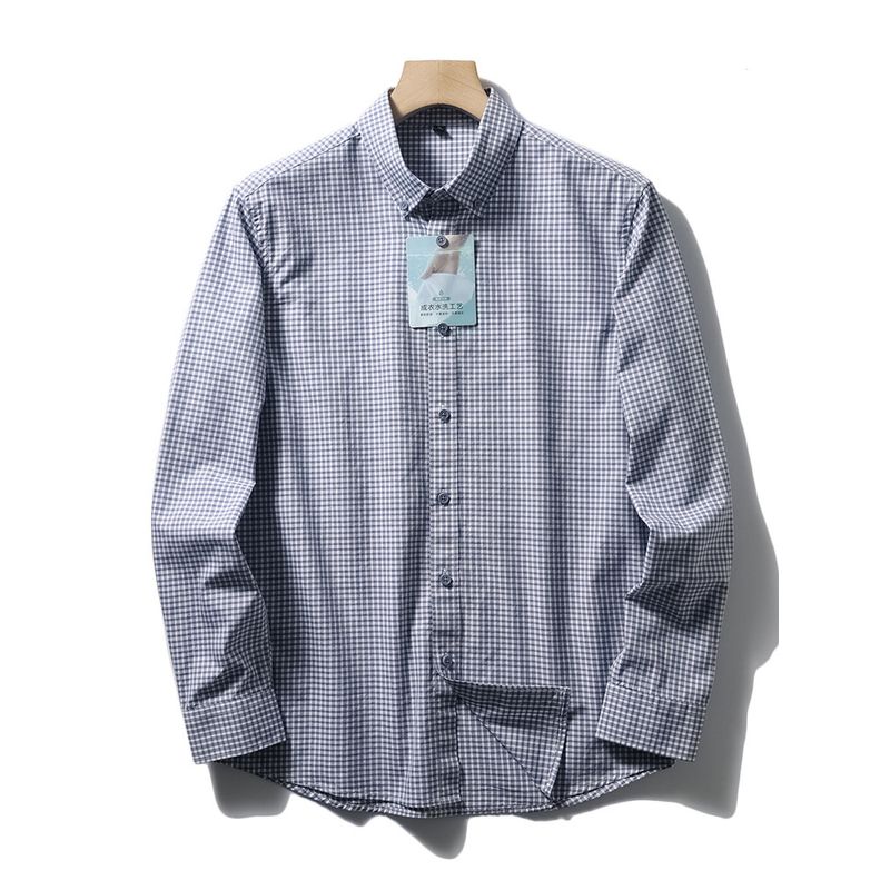 Japanese-Style Retro Pure Cotton Blue Small Plaid Shirt Men s Spring & Fall Long Sleeve Inner Wear Export Cattle Goods Cotton Non-Ironing Shirt Blue grid XL