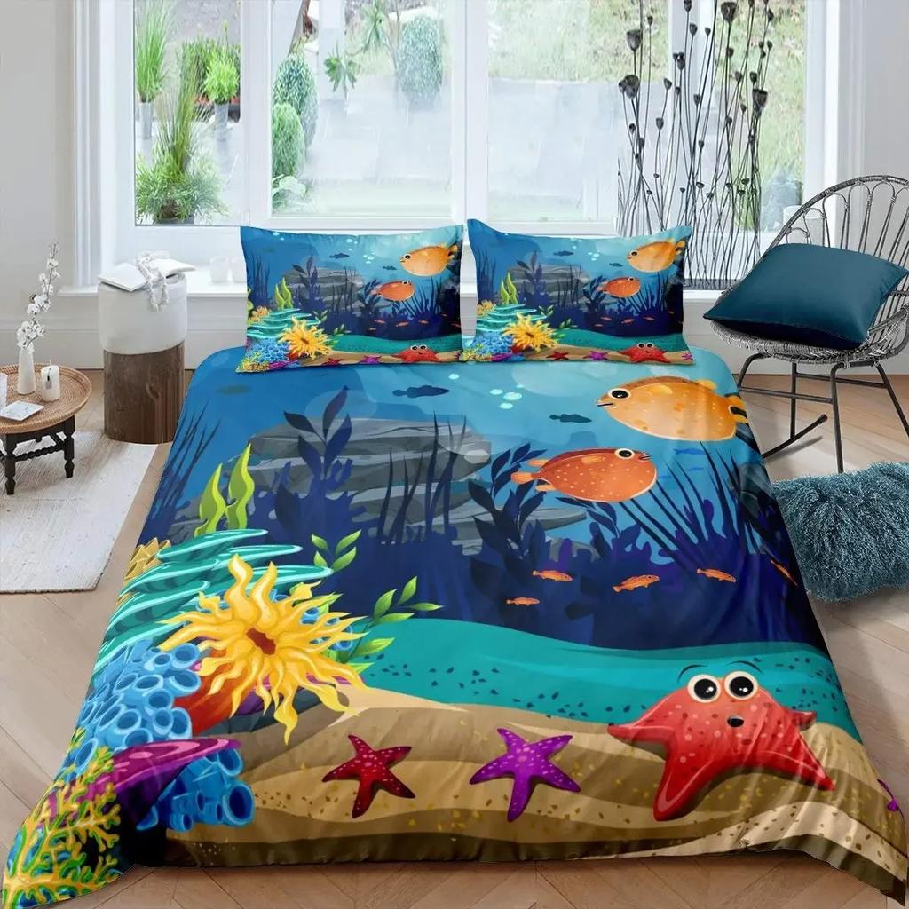 Cartoon Octopus Bedding Set KingQueen Size,Ocean Underwater World Duvet Cover Kids Sea Coral Fish Polyester Quilt Cover