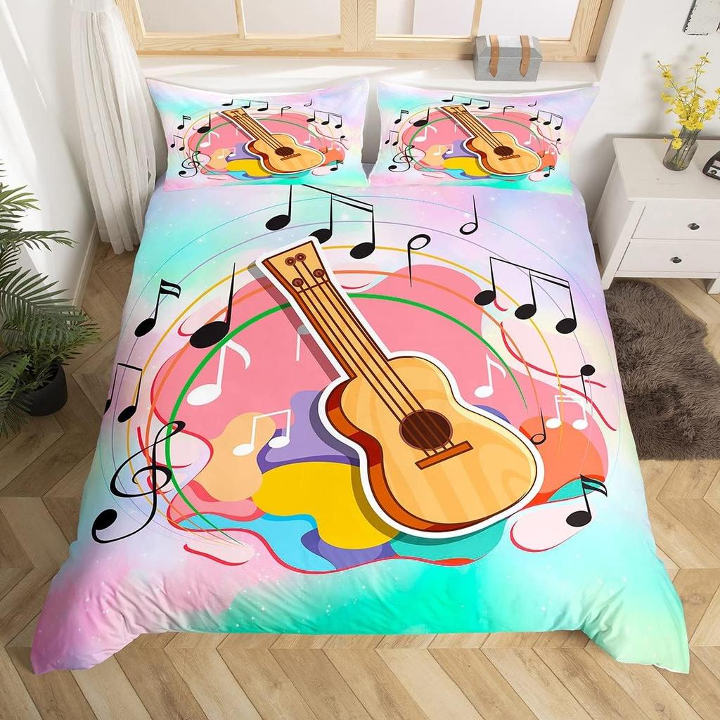 Guitar Duvet Cover Full Queen Tropical Blooming Floral Bedding Set For Kids Music Lover Musical Quilt Cover With 2 Pillowcases
