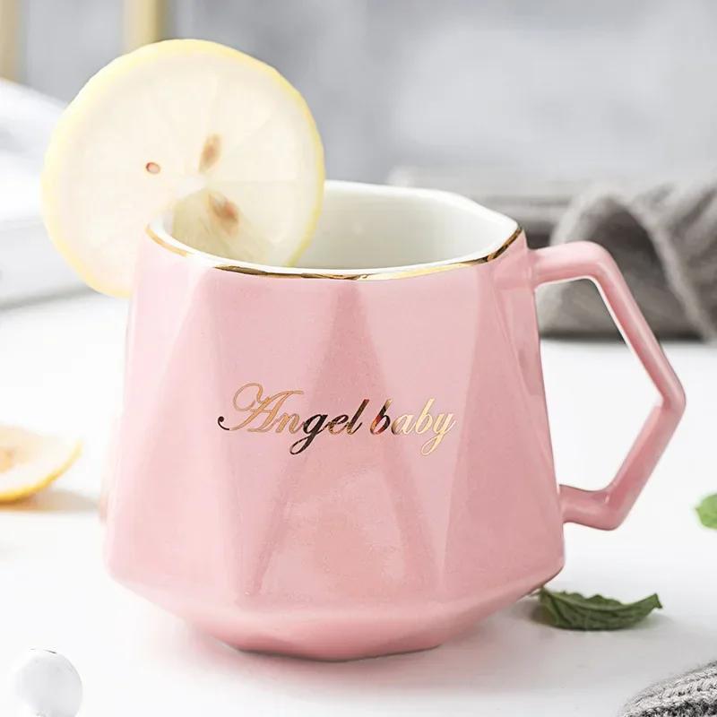 Creative Diamond Shape Ceramic Mugs Light Luxury Breakfast Milk Coffee Cup Personalized Geometric Tea Cups Couple Gift Drinkware