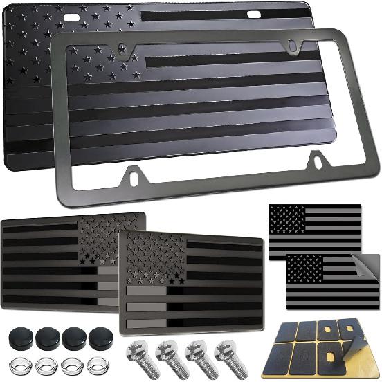 American Flag License Plate For Front Bumper, Black Aluminum Car Tag Frame Cover With 3D Embossed USA Flag Pattern, With Screws, Metal Decals