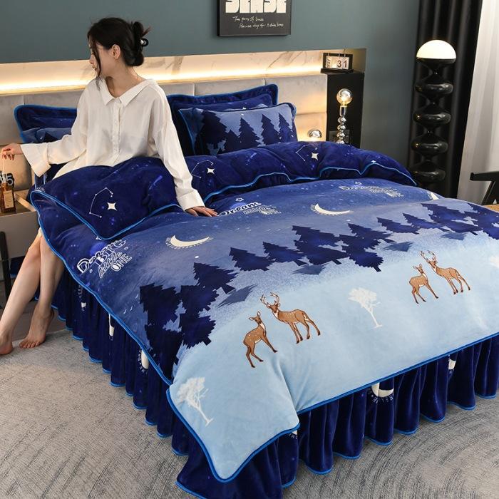Thickened Milk Fleece Four-Piece Warm Double-Sided Coral Fleece Quilt Cover Flannel Sheet Bed Skirt Bedding
