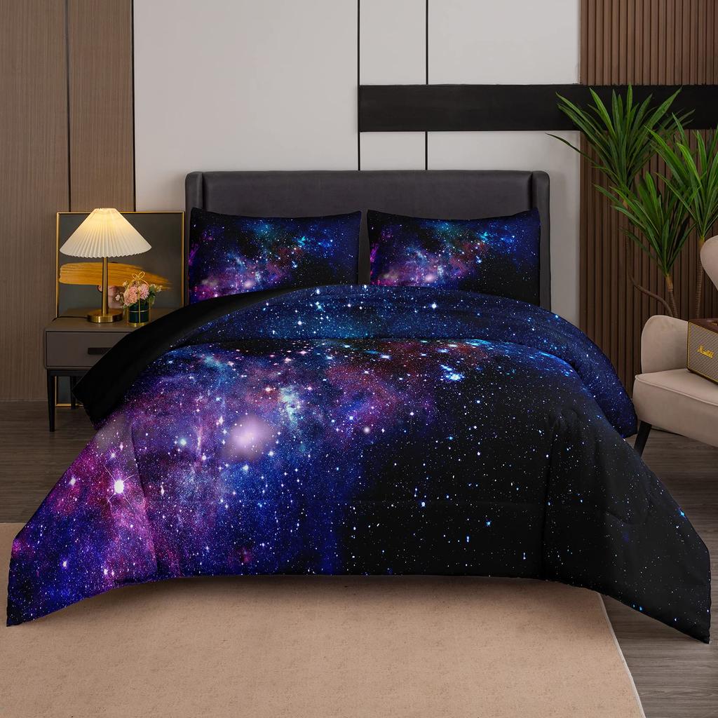 Galaxy Comforter Sets, 3D Outer Space Themed Bedding, All-Season Quilted Duvet, for Children Boy Girl Teen Kids with Pillow Sham