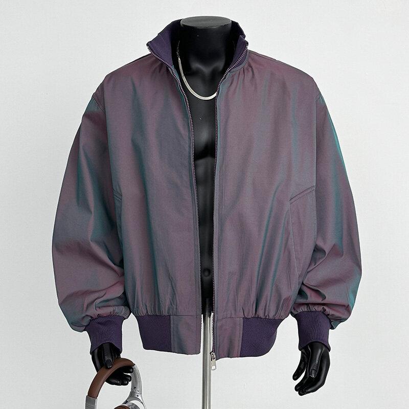 

Colorful satin stand-up collar jacket men s spring and autumn high-end men s top 2025 new trendy brand short jacket 5XL фиолетовый