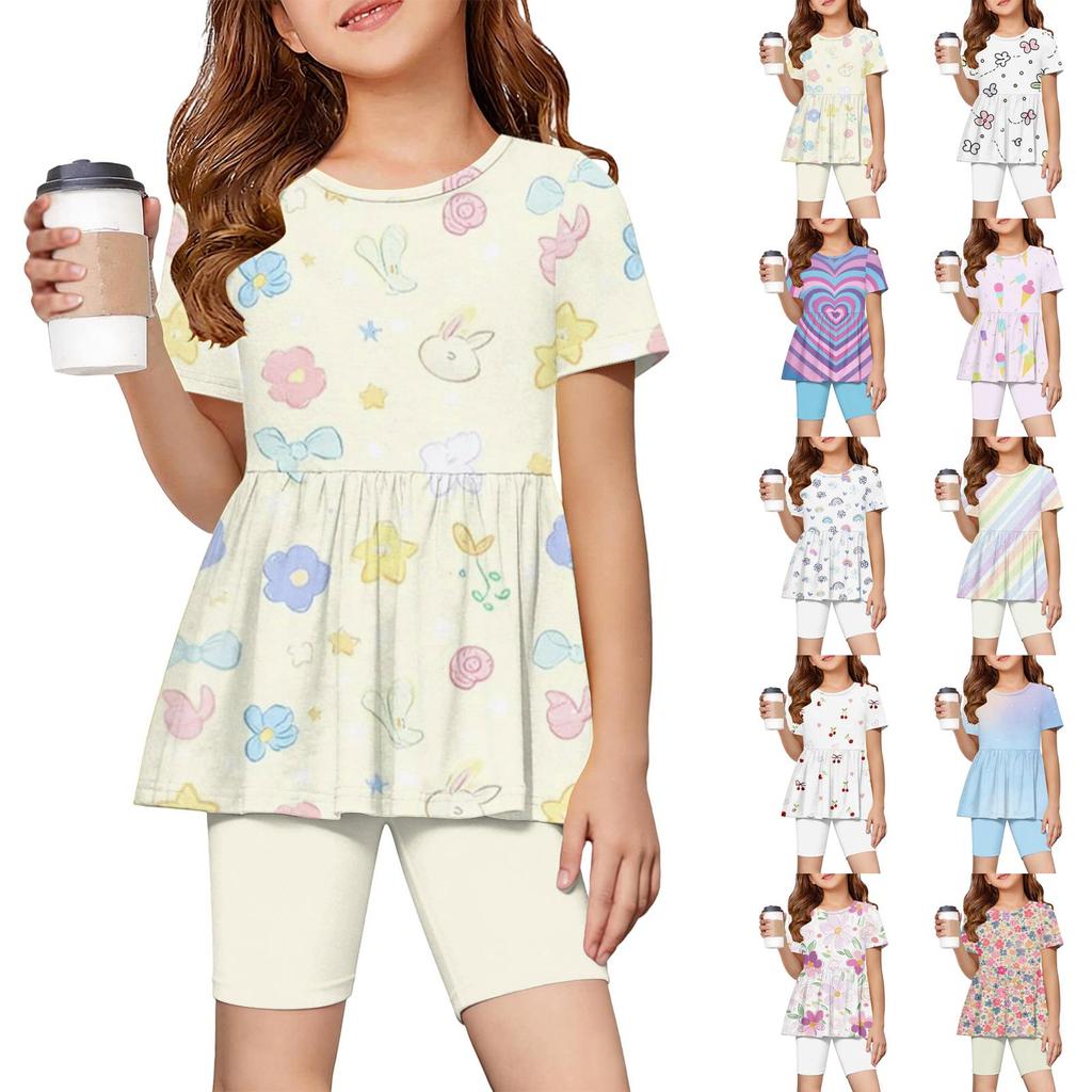 Girls Summer Outfit Set Short Sleeve Ruffle Hem Top with Floral Print and Comfortable Shorts for Casual Daily Wear