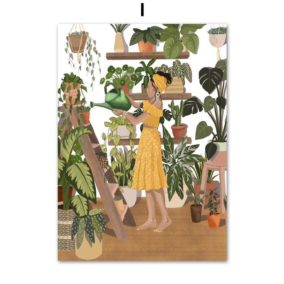 Abstrakcyjna moda dziewczyna czytająca joga odpoczynek liść palmowy plakat skandynawski ścienny drukowany obraz na płótnie malarstwo dekoracyjne zdjęcia do salonu