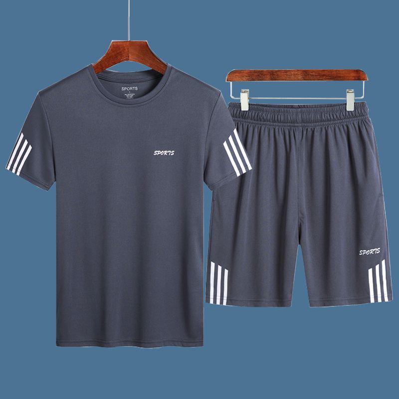 סט חולצת ספורט ושורט לגברים מבד משי קרח המתייבש במהירות, מידה גדולה, קולקציית 2024
