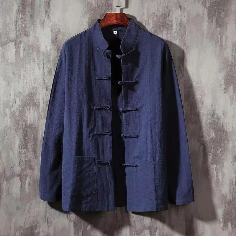 Chinese Style Men's Disc Buckle Cotton Linen Shirt Stand-up Collar Men's Retro Style Blouse Spring and Autumn Chinese Linen Long-sleeved Shirt