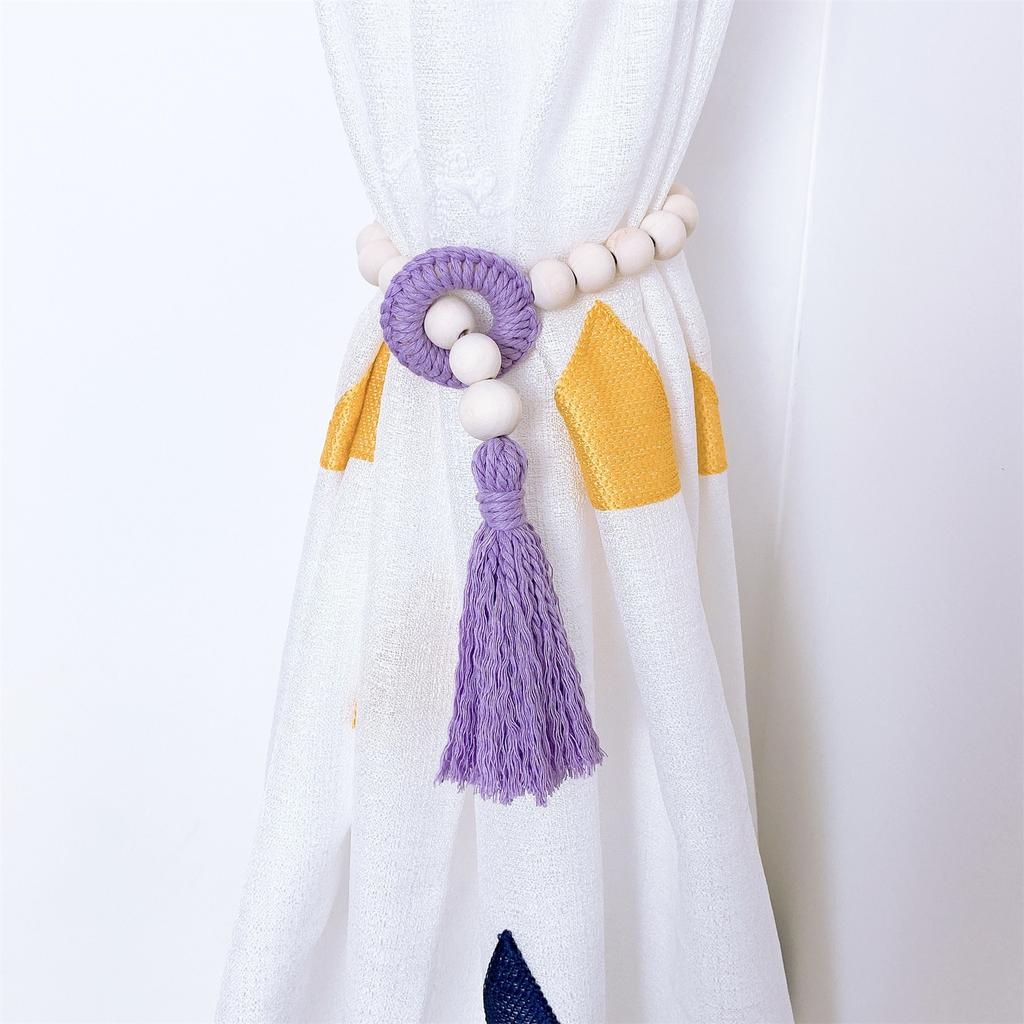 2Pcs Wood Beads Curtain Holdbacks with Tassels for Home and Office Decors Cotton Rope Window Drapery Tiebacks Ties