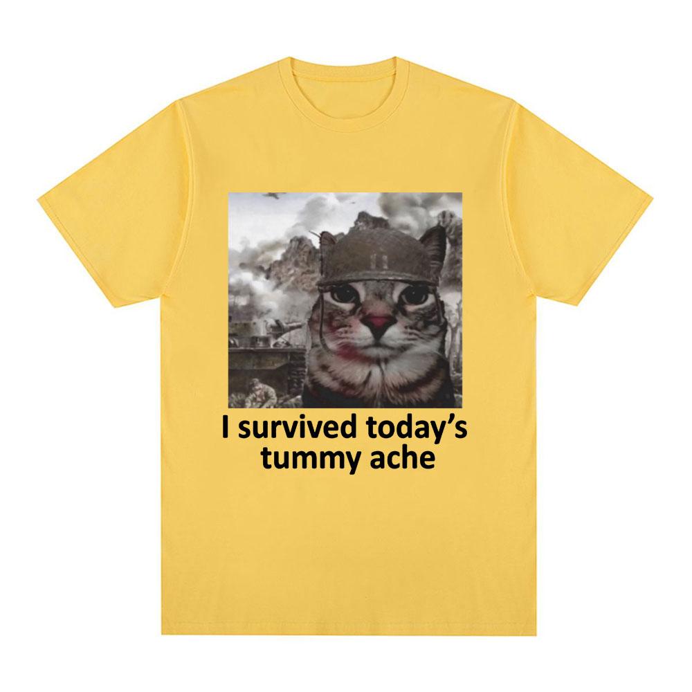 I Survived Today's Tummy Ache T-Shirt Funny Cat Meme Short Sleeve T Shirt Men Women Cotton Casual Oversized T Shirts Streetwear