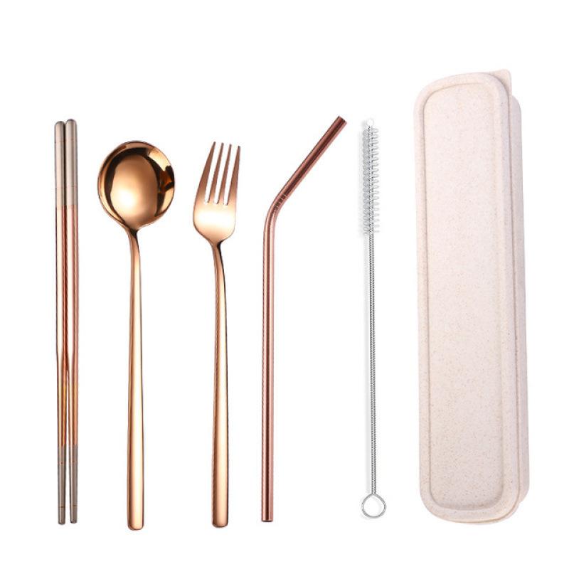 Flatware Dinnerware Travel 5pcs Camping Cutlery Set Fork Spoon Chopsticks Straw With Portable Case Stainless Steel Tableware Set