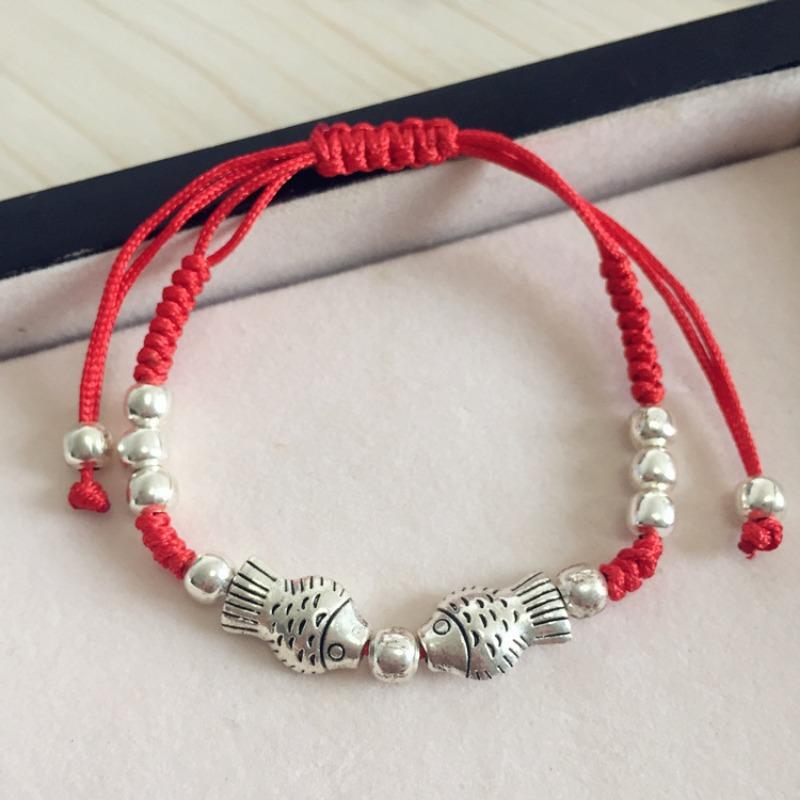 Retro red rope bracelet, small fresh couple bell, long life lock, safe anklet, handmade hidden silver jewelry.