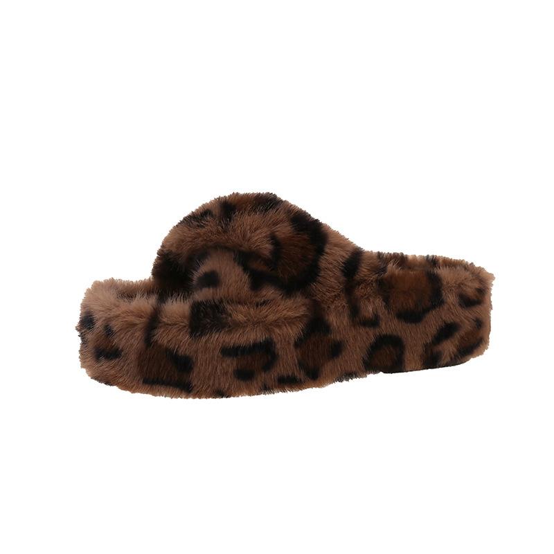 Leopard print thick bottom heightening fluffy slippers women's wear 2025 new autumn and winter fashion home fluffy cotton slippers